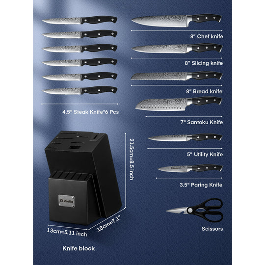 D.Perlla Knife Set, 14PCS German Stainless Steel Kitchen Knives Block Set with Built-in Sharpener