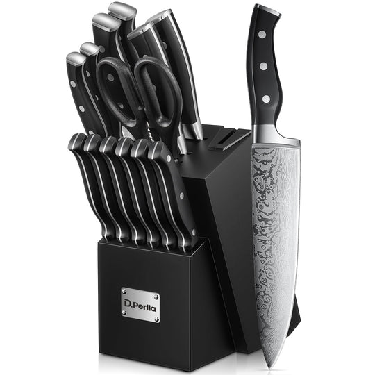 D.Perlla Knife Set, 14PCS German Stainless Steel Kitchen Knives Block Set with Built-in Sharpener